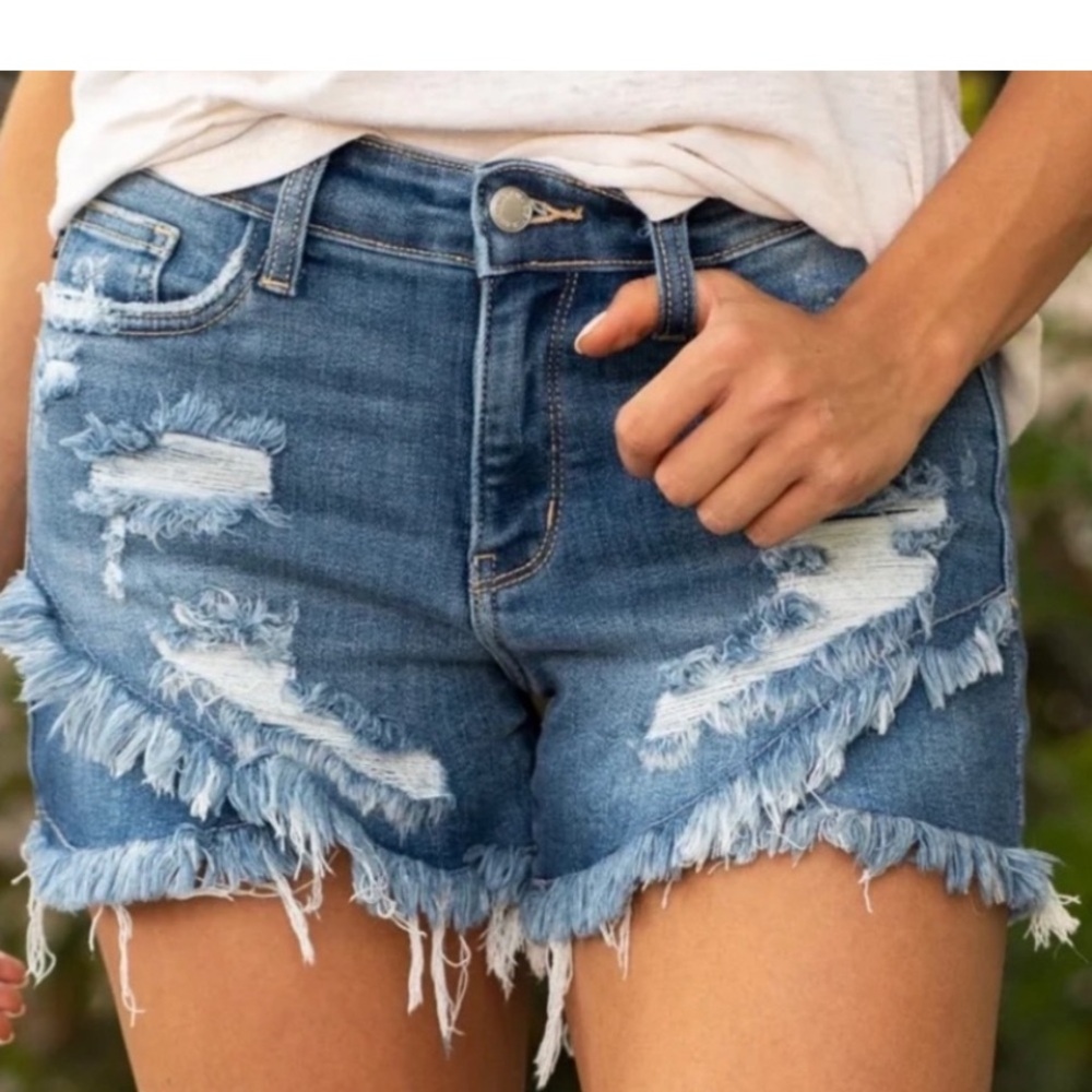 Judy Blue Medium Length Distressed Women’s Denim Shorts